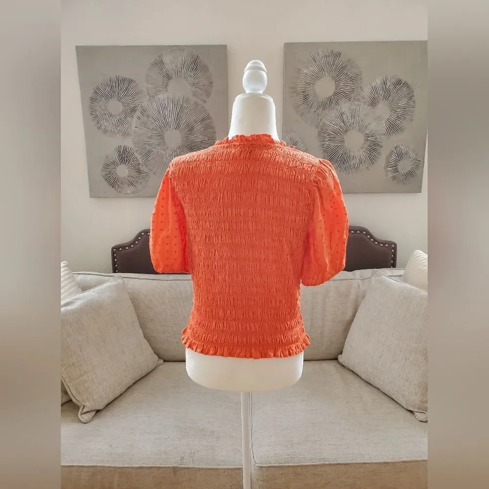 🦋 J.CREW 🦋 Puff-Sleeve Dot Textured Voile Smocked Top - [Small, Orange]